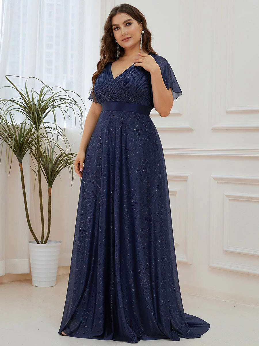 Plus Size Deep V Neck Ruffles Sleeve A Line Evening Dresses