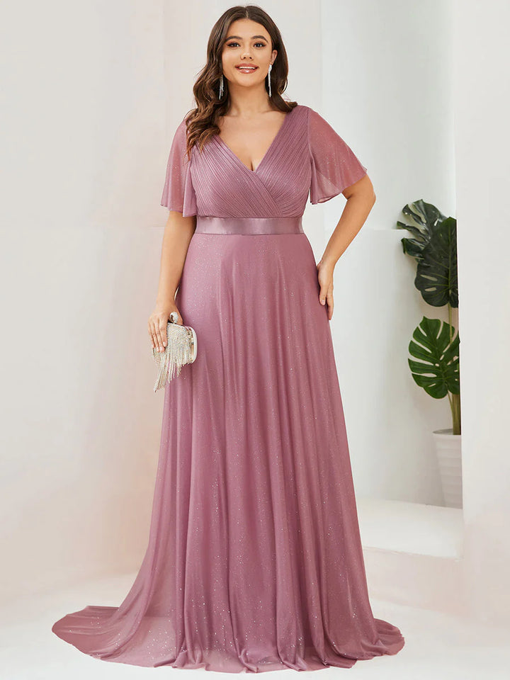 Plus Size Deep V Neck Ruffles Sleeve A Line Evening Dresses