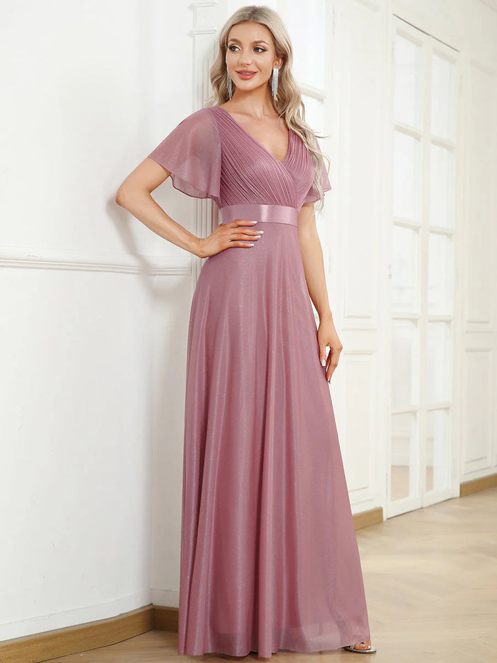 Deep V Neck Ruffles Sleeve A Line Evening Dresses