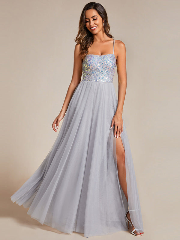 Sequin Tulle Spaghetti Strap High Split Bridesmaid Dress