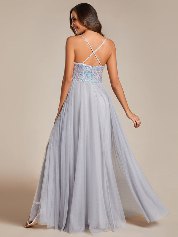 Sequin Tulle Spaghetti Strap High Split Bridesmaid Dress