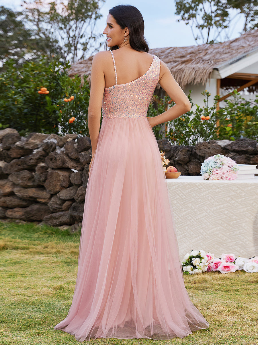 Maxi Long Sequin One Shoulder Tulle Bridesmaid Dress - CALABRO®