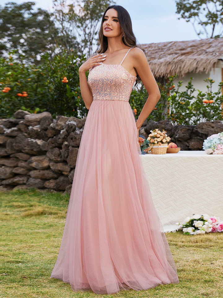 Maxi Long Sequin One Shoulder Tulle Bridesmaid Dress - CALABRO®