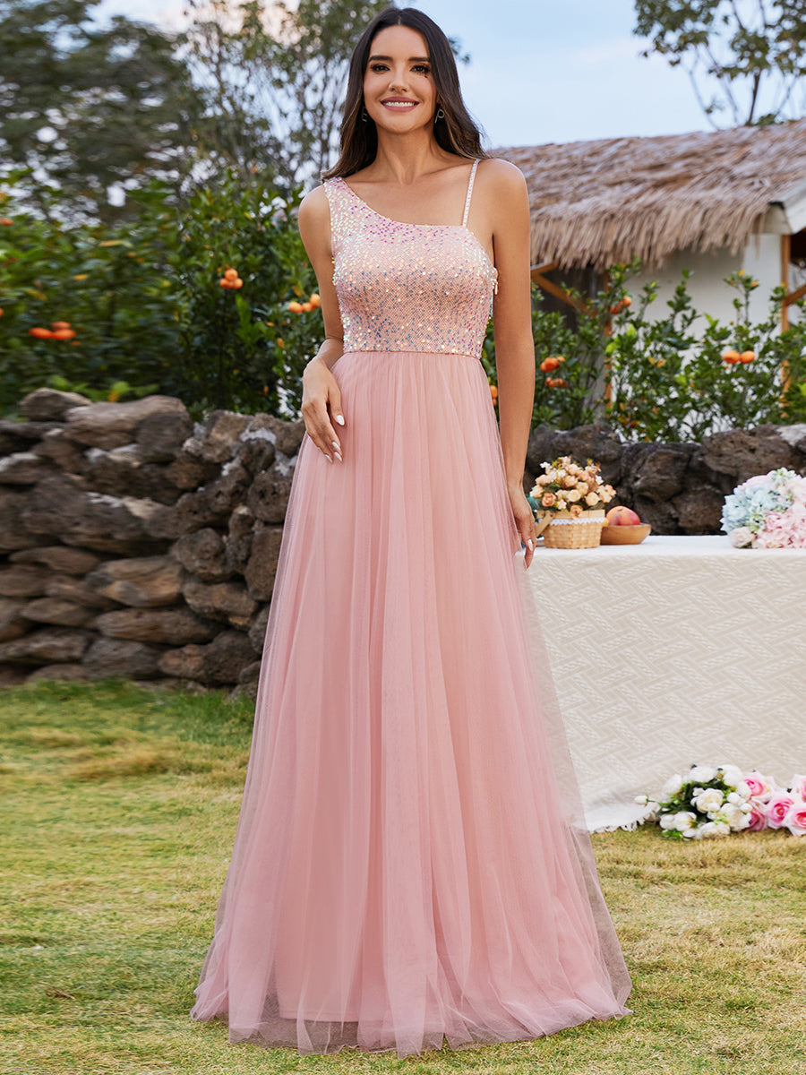 Maxi Long Sequin One Shoulder Tulle Bridesmaid Dress - CALABRO®