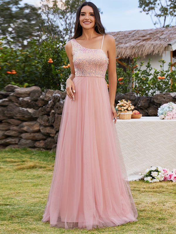 Maxi Long Sequin One Shoulder Tulle Bridesmaid Dress