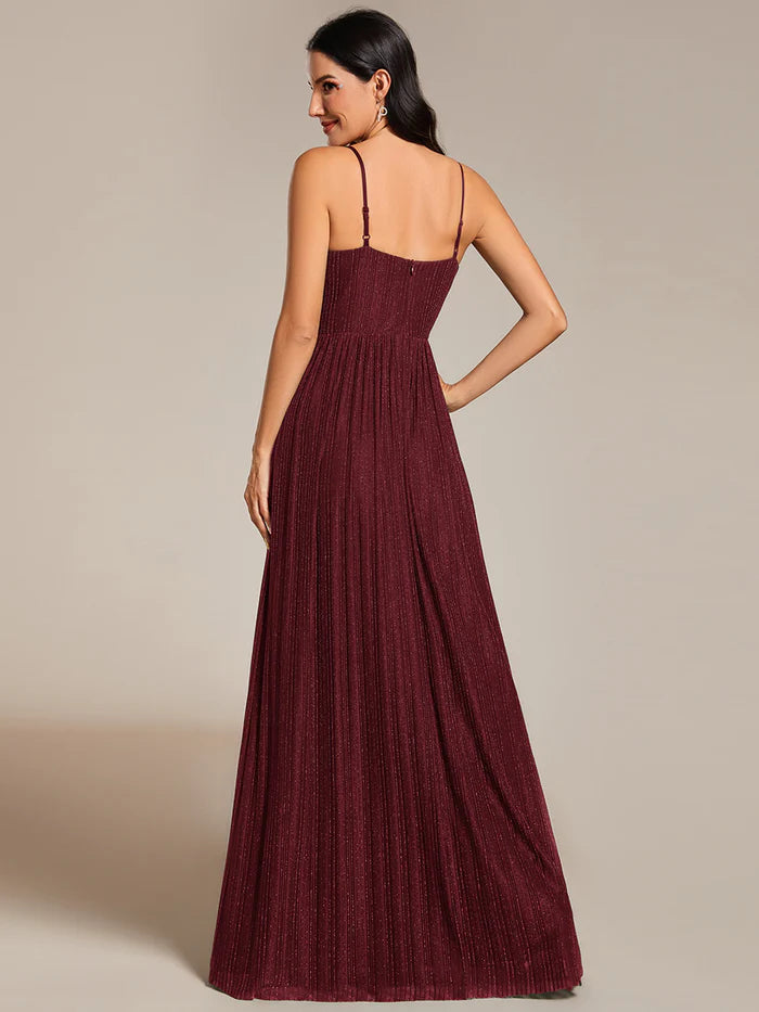 Shimmer V Neck Floor Length Bridesmaid Dress With Spaghetti Straps - CALABRO®