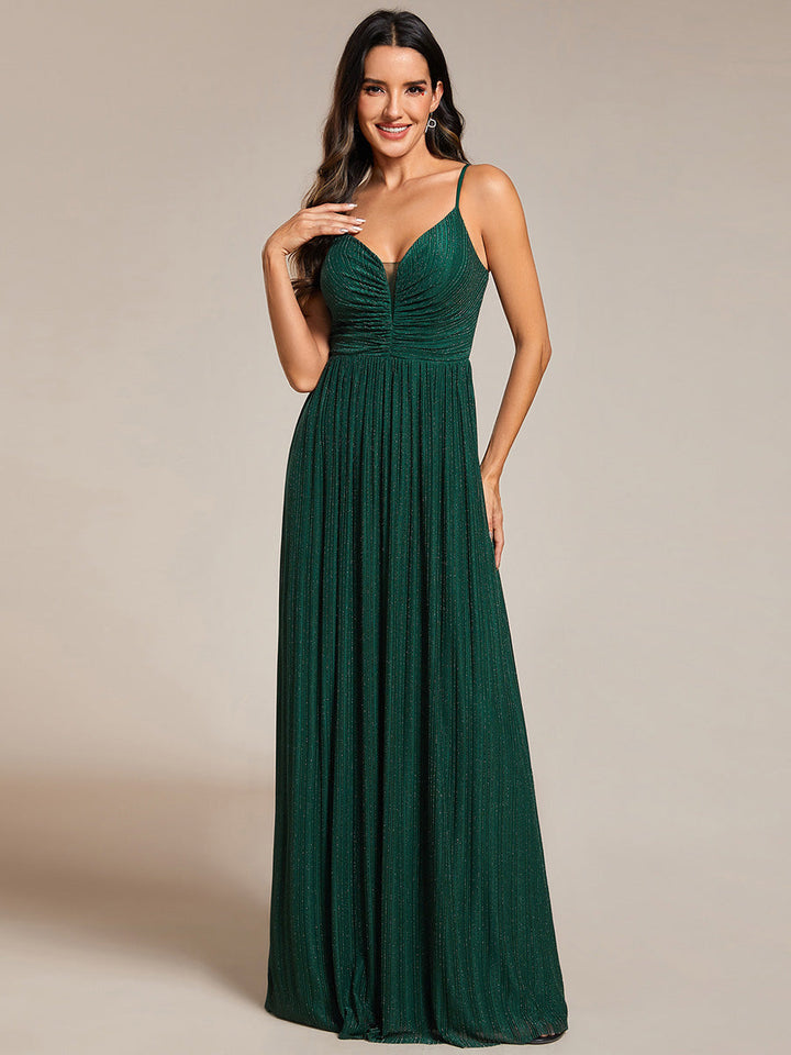 Shimmer V Neck Floor Length Bridesmaid Dress With Spaghetti Straps - CALABRO®