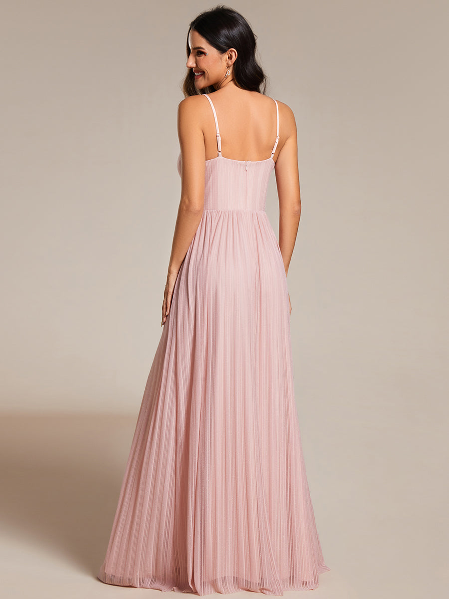 Shimmer V Neck Floor Length Bridesmaid Dress With Spaghetti Straps - CALABRO®