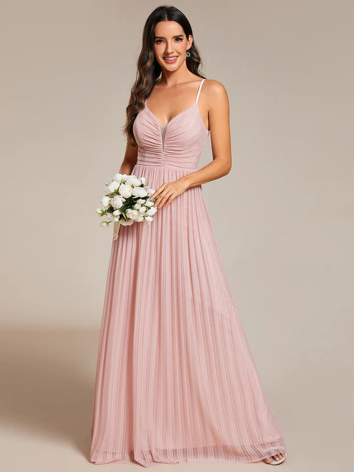 Shimmer V Neck Floor Length Bridesmaid Dress With Spaghetti Straps - CALABRO®