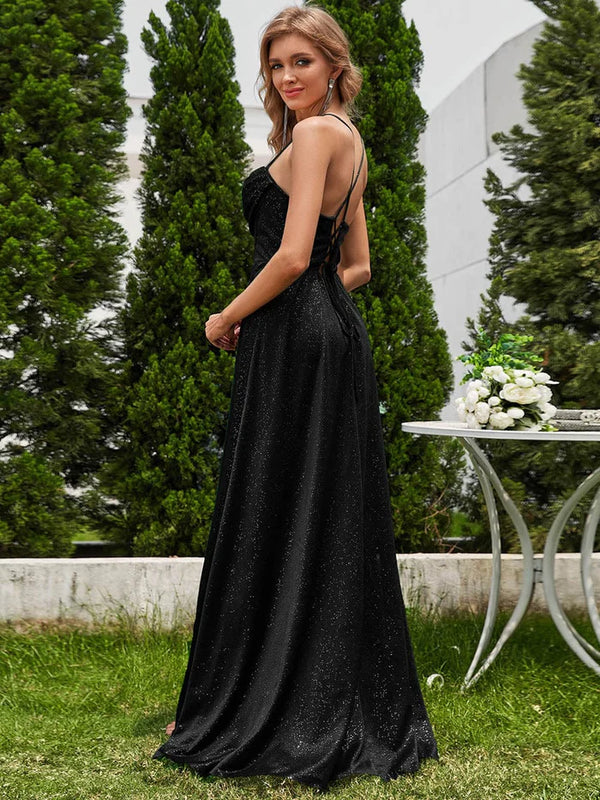 Shiny Sequin swing collar Evening Dress with high split