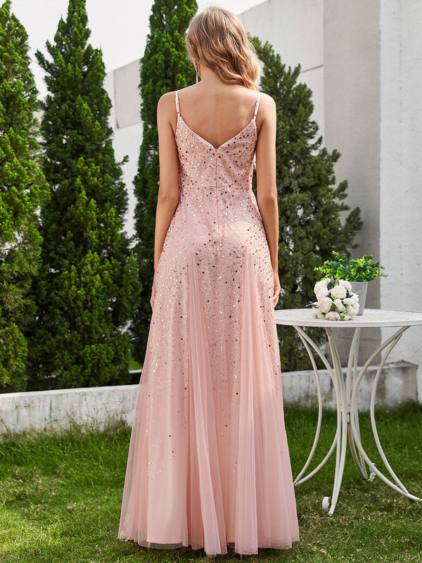 Glittery Sequin V Neck Spaghetti Strap Tulle Bridesmaid Dress