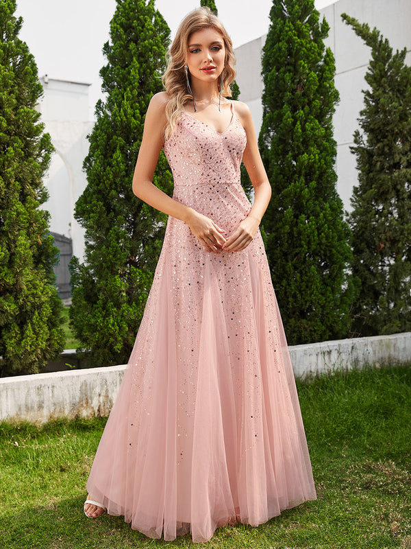 Glittery Sequin V Neck Spaghetti Strap Tulle Bridesmaid Dress