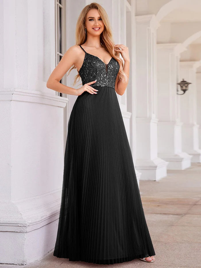 Sequin See Through V-Neck Sleeveless Tulle Evening Dress - CALABRO®