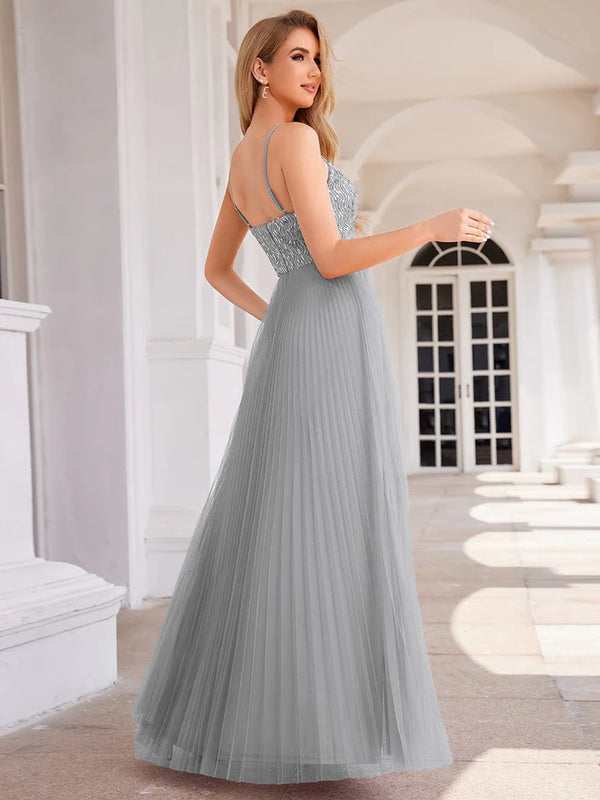 Sequin See Through V-Neck Sleeveless Tulle Evening Dress