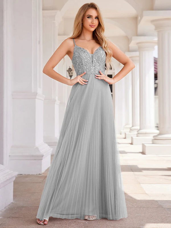 Sequin See Through V-Neck Sleeveless Tulle Evening Dress