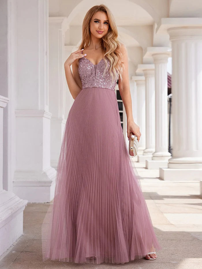 Sequin See Through V-Neck Sleeveless Tulle Evening Dress - CALABRO®