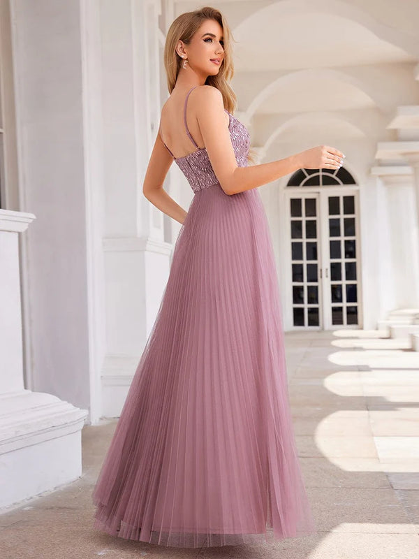 Sequin See Through V-Neck Sleeveless Tulle Evening Dress