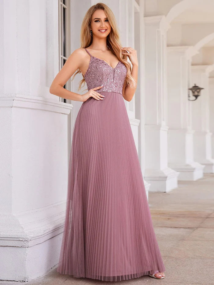 Sequin See Through V-Neck Sleeveless Tulle Evening Dress - CALABRO®