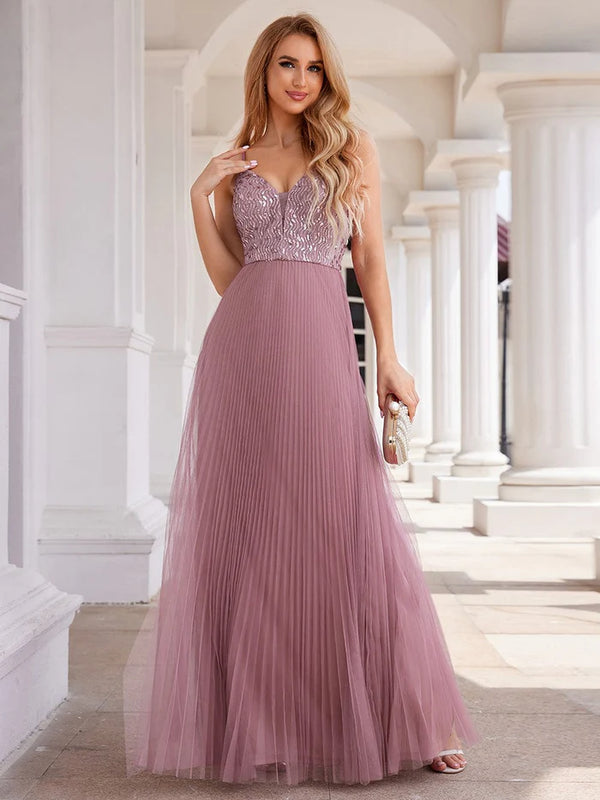 Sequin See Through V-Neck Sleeveless Tulle Evening Dress