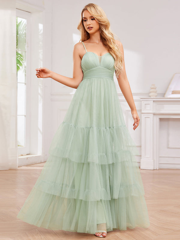 Romantic Spaghetti Straps Sweetheart Neckline See-Through A-Line Layered Tulle Dress