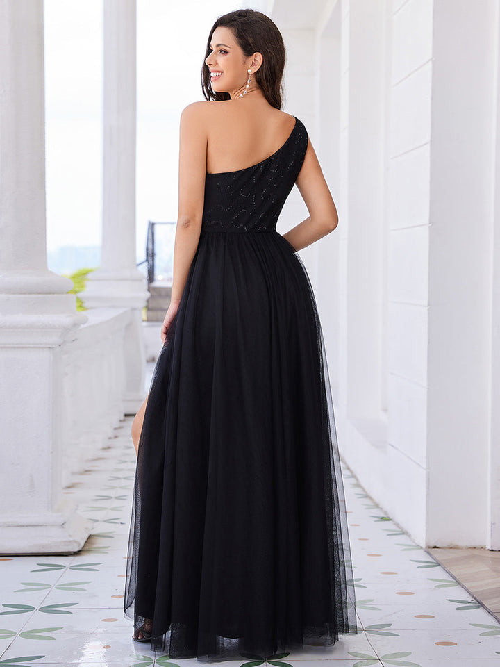 Romantic Asymmetric One Shoulder Side Split A-Line Tulle Dress with Lace Sequin Empire Waist Evening Dress - CALABRO®