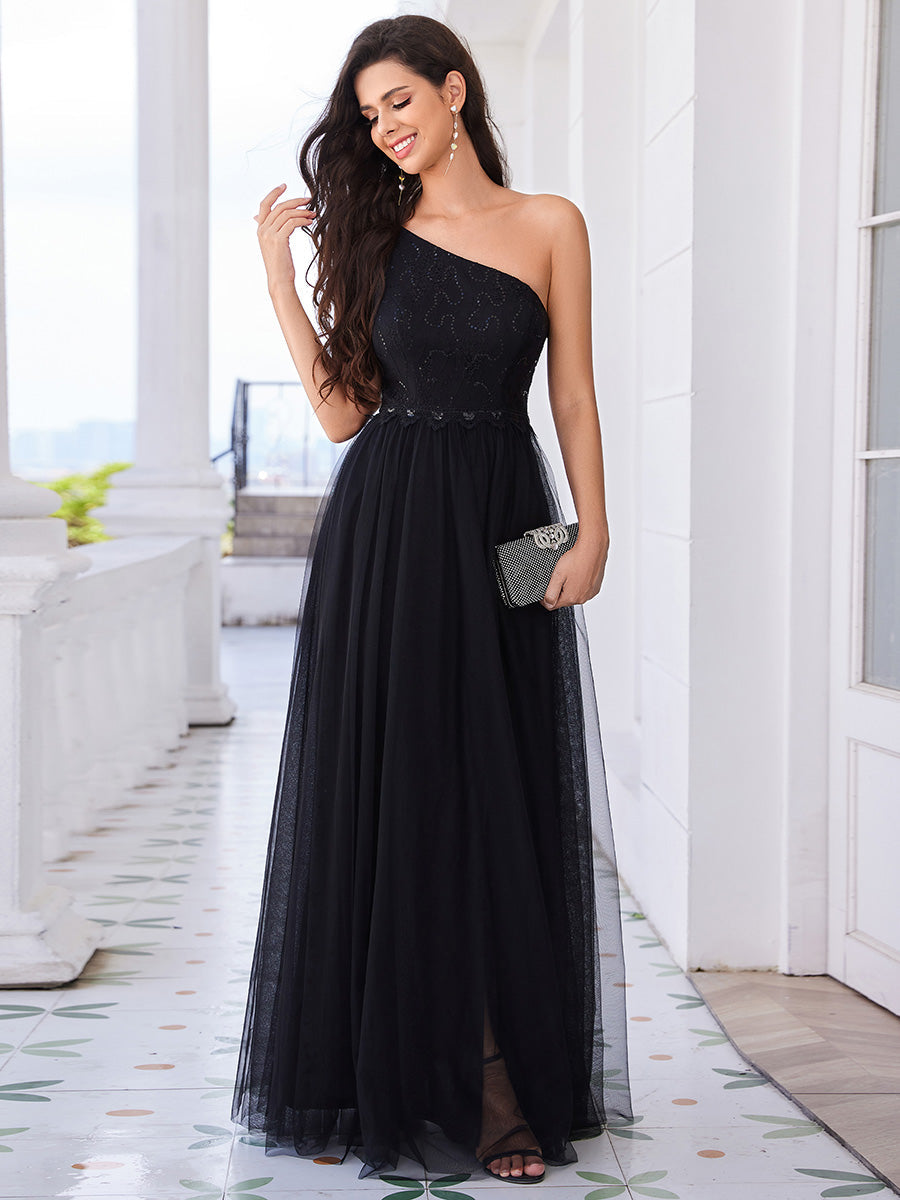 Romantic Asymmetric One Shoulder Side Split A-Line Tulle Dress with Lace Sequin Empire Waist Evening Dress - CALABRO®