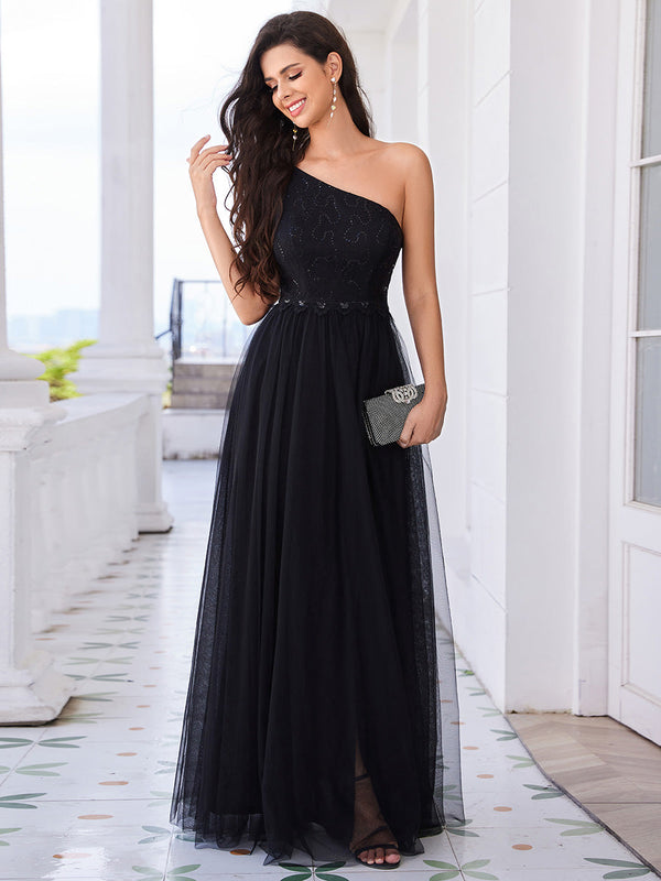 Romantic Asymmetric One Shoulder Side Split A Line Tulle Dress with La Online Fashion Shopping