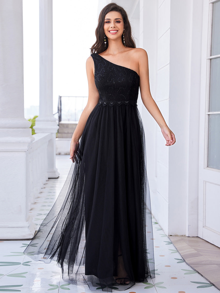 Romantic Asymmetric One Shoulder Side Split A-Line Tulle Dress with Lace Sequin Empire Waist Evening Dress - CALABRO®