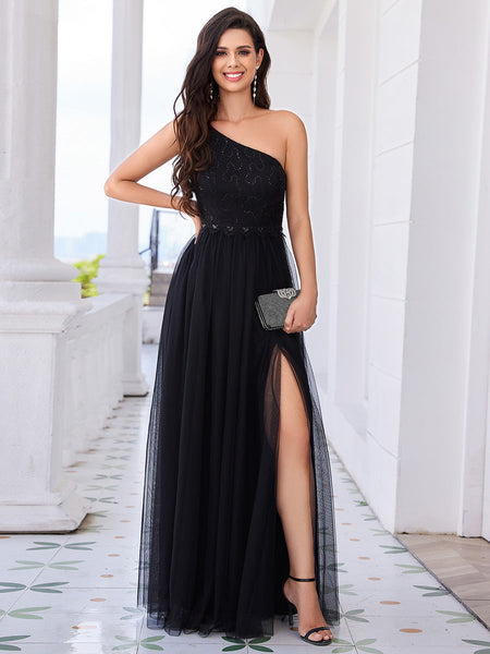 Romantic Asymmetric One Shoulder Side Split A-Line Tulle Dress with Lace Sequin Empire Waist Evening Dress