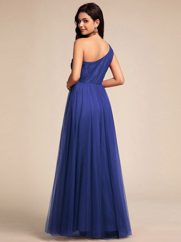 Romantic Asymmetric One Shoulder Side Split A-Line Tulle Dress with Lace Sequin Empire Waist Evening Dress