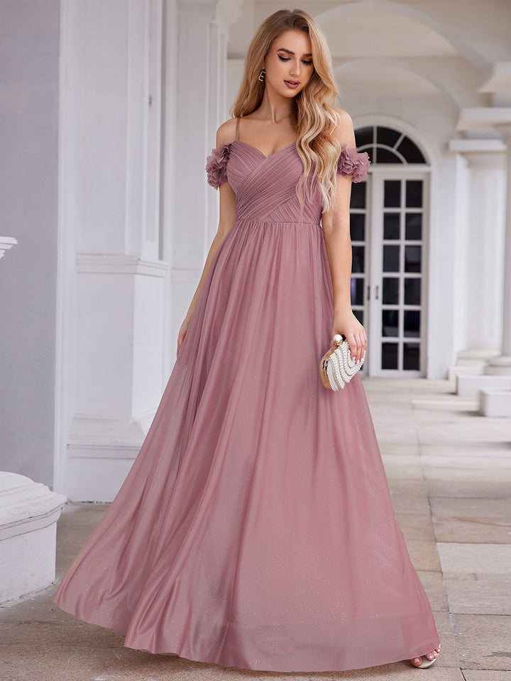 Elegant Sweetheart Flower decoration Sequin Dresses With Off-shoulder Sleeves - CALABRO®