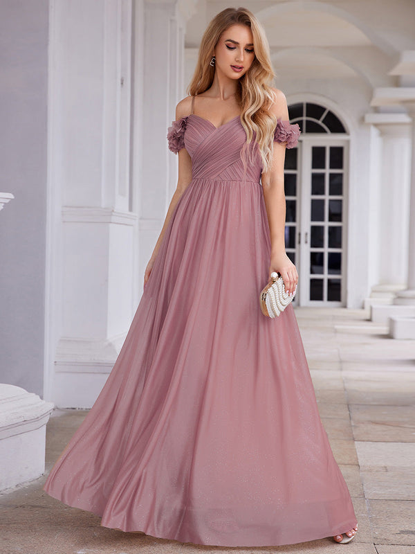 Elegant Sweetheart Flower decoration Sequin Dresses With Off-shoulder Sleeves