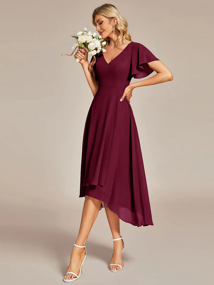 V-Neck High Low Chiffon Ruffles Bridesmaid Dress - CALABRO®