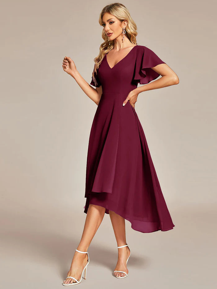 V-Neck High Low Chiffon Ruffles Bridesmaid Dress - CALABRO®