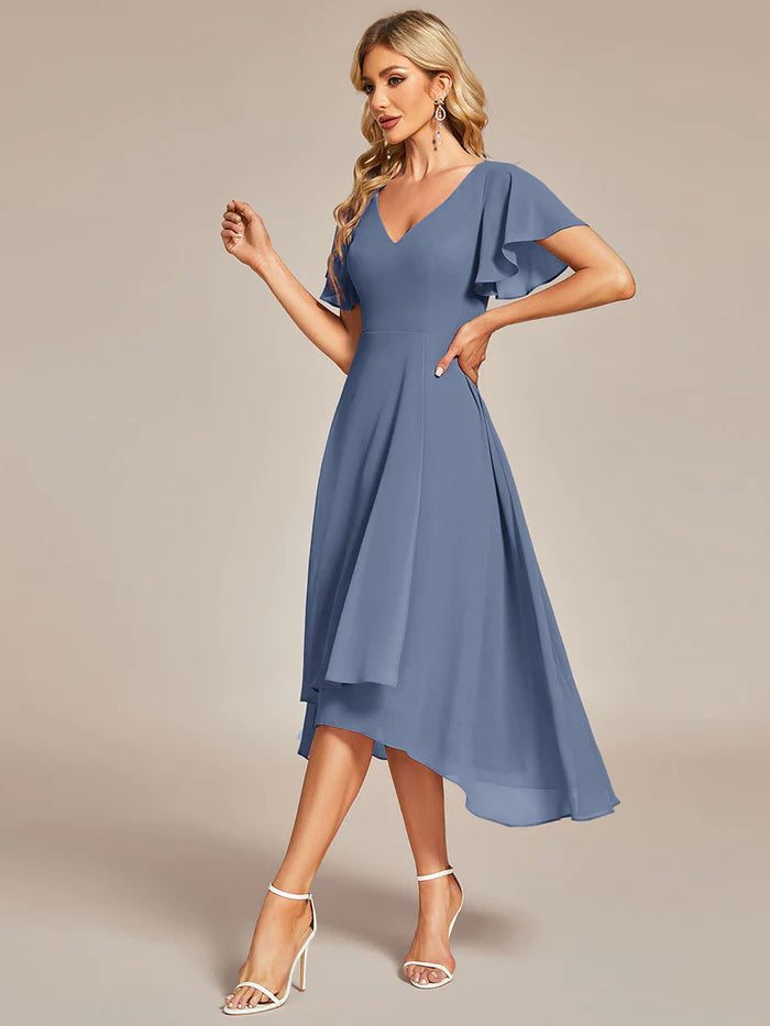 V-Neck High Low Chiffon Ruffles Bridesmaid Dress - CALABRO®