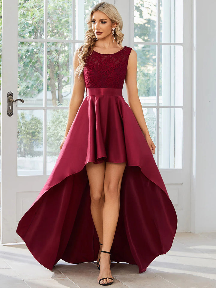 High Low Sleeveless Lace & Stain Evening Dresses