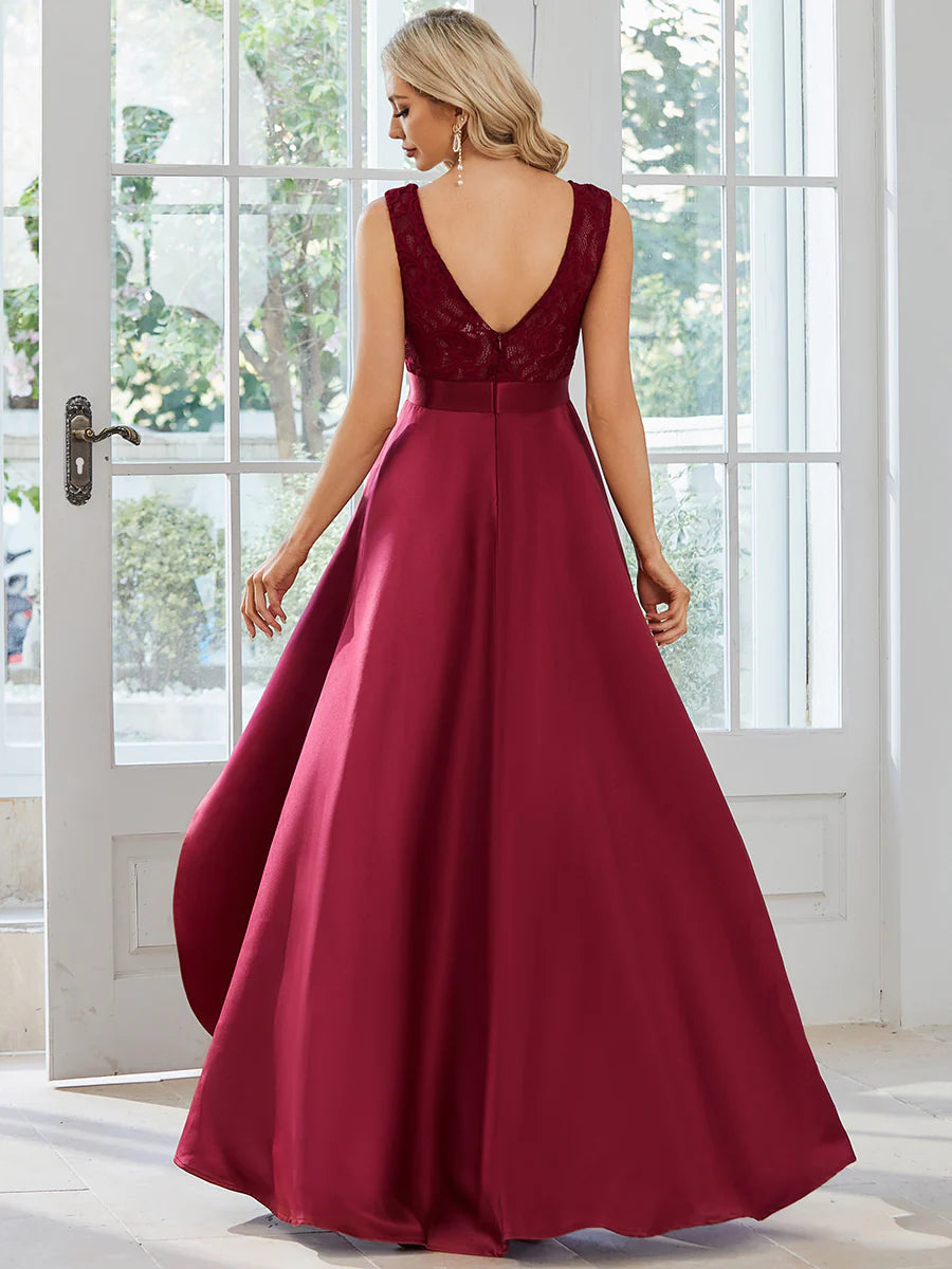 High Low Sleeveless Lace & Stain Evening Dresses