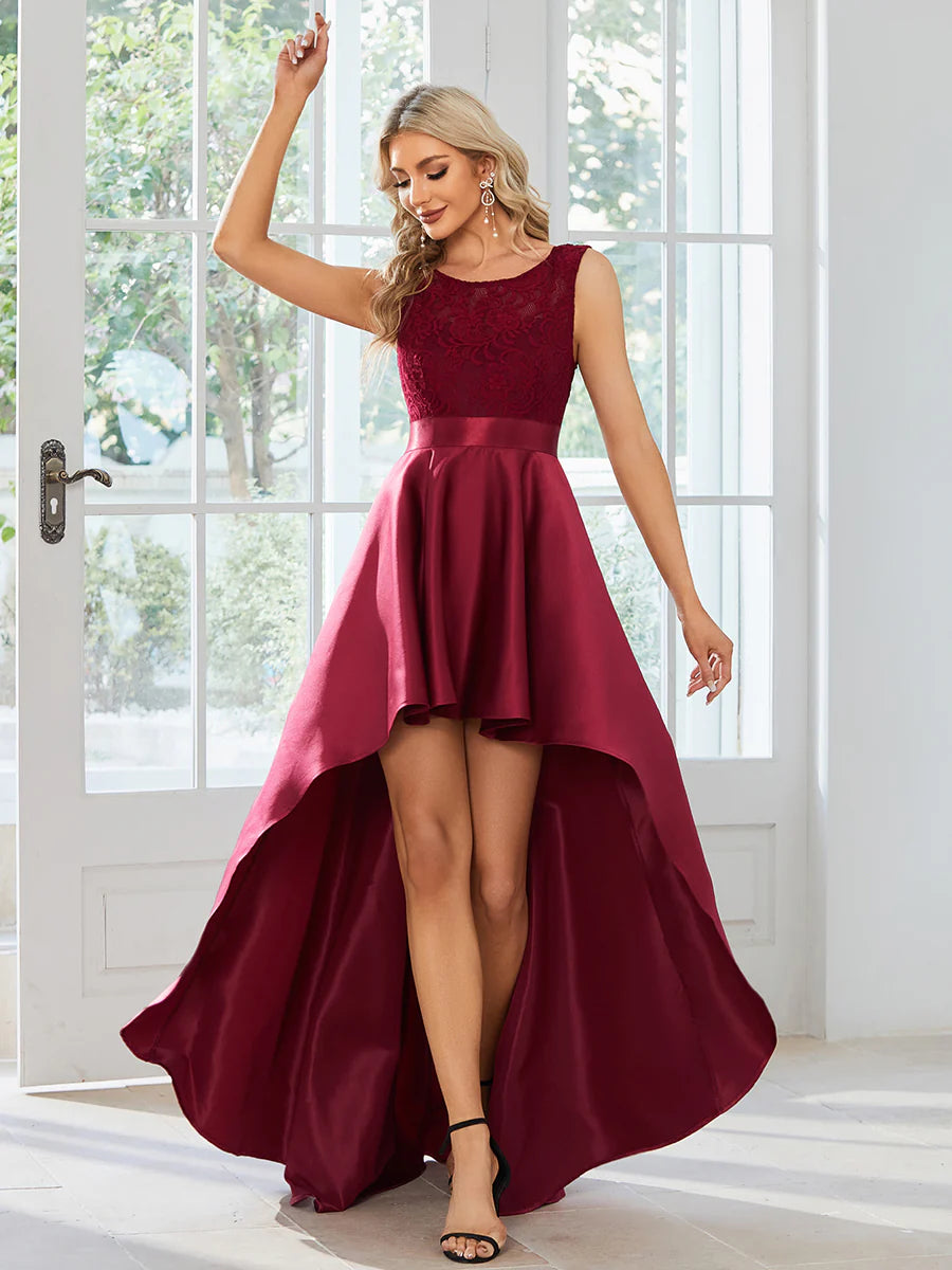 High Low Sleeveless Lace & Stain Evening Dresses