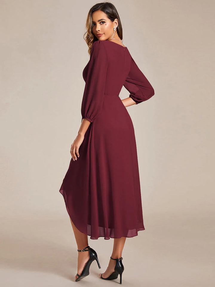Long Sleeves Pleated Ruffles Chiffon Wedding Guest Dresses