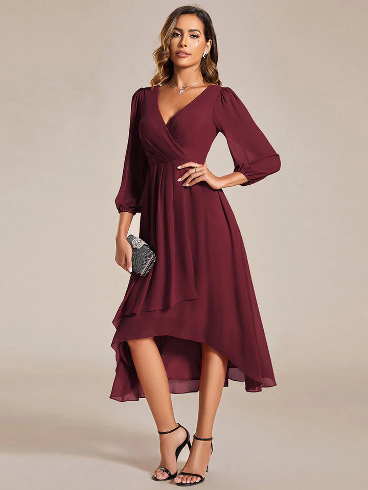 Long Sleeves Pleated Ruffles Chiffon Wedding Guest Dresses