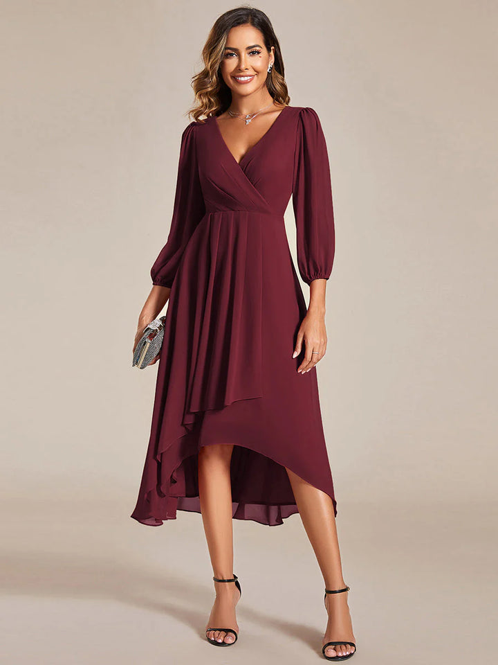 Long Sleeves Pleated Ruffles Chiffon Wedding Guest Dresses