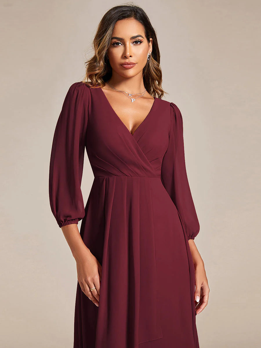 Long Sleeves Pleated Ruffles Chiffon Wedding Guest Dresses