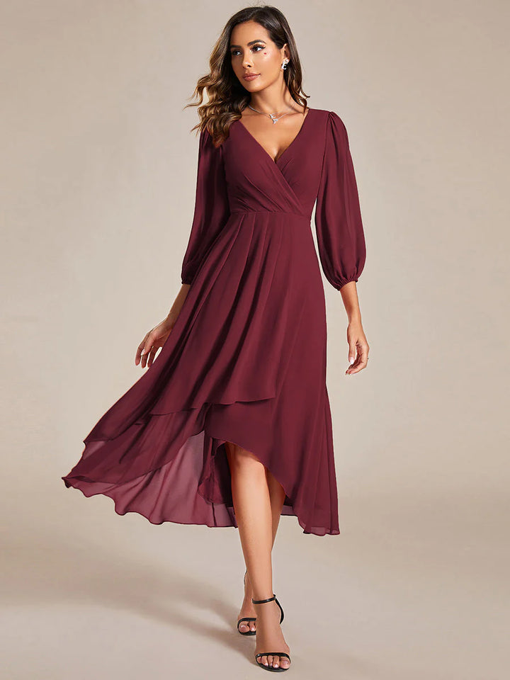 Long Sleeves Pleated Ruffles Chiffon Wedding Guest Dresses
