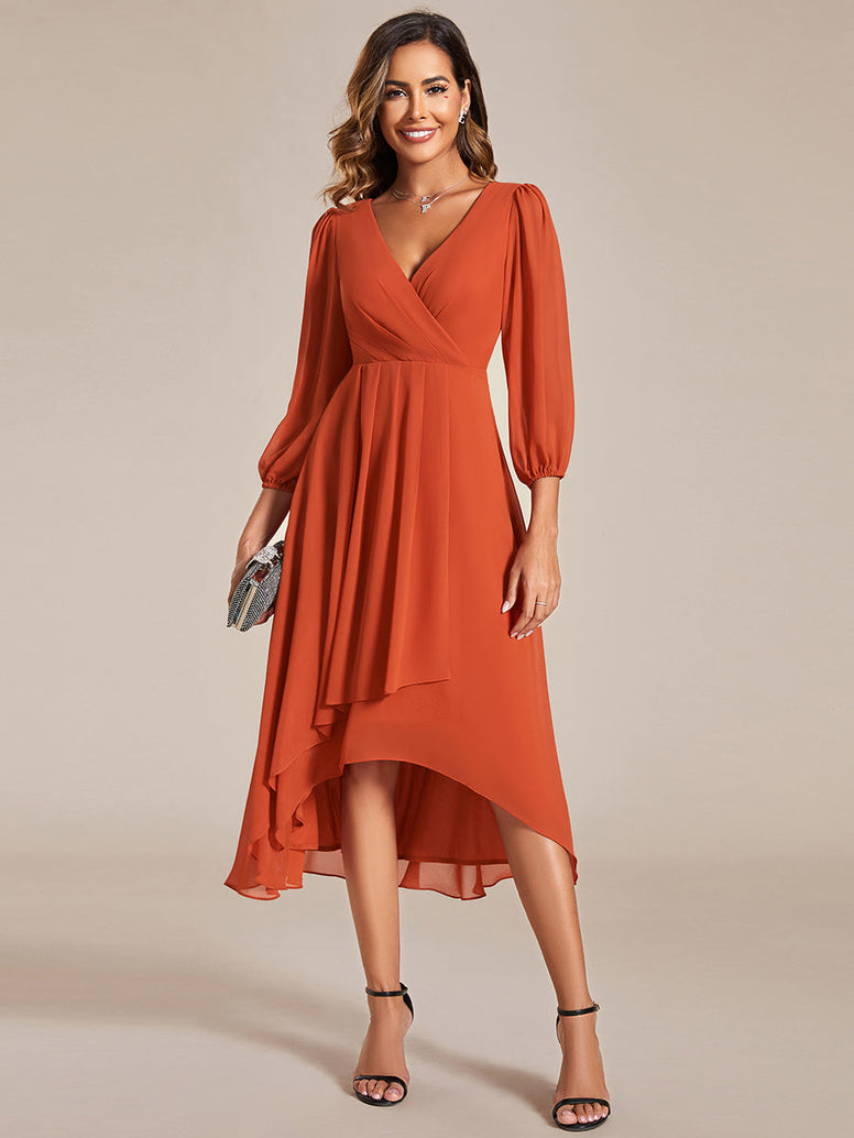 Long Sleeves Pleated Ruffles Chiffon Wedding Guest Dresses