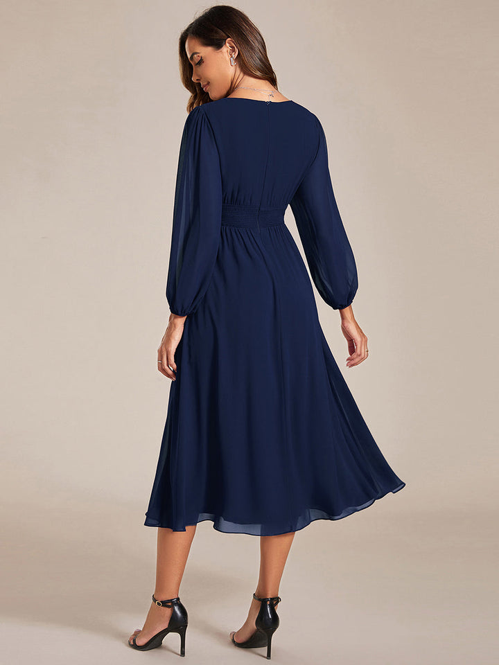 Knee Length Chiffon Wedding Guest Dresses With Long Sleeves - CALABRO®