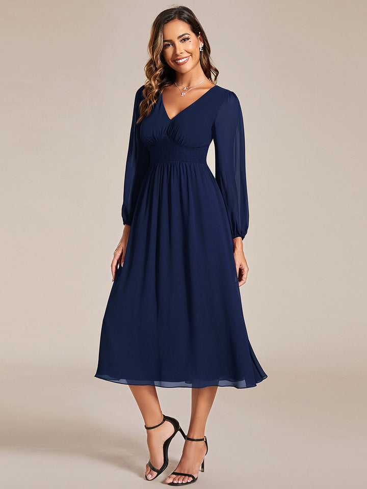 Knee Length Chiffon Wedding Guest Dresses With Long Sleeves - CALABRO®