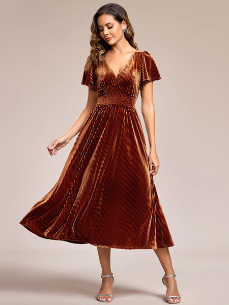 V Neck Tea Length Velvet Wedding Guest Bridesmaid Dress Online