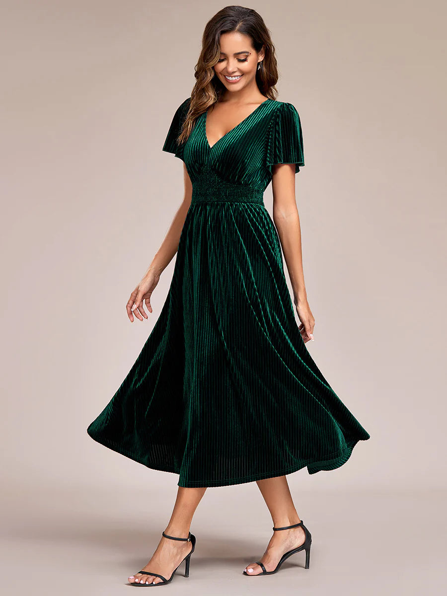 V-Neck Tea Length Velvet Wedding Guest Bridesmaid Dress - CALABRO®