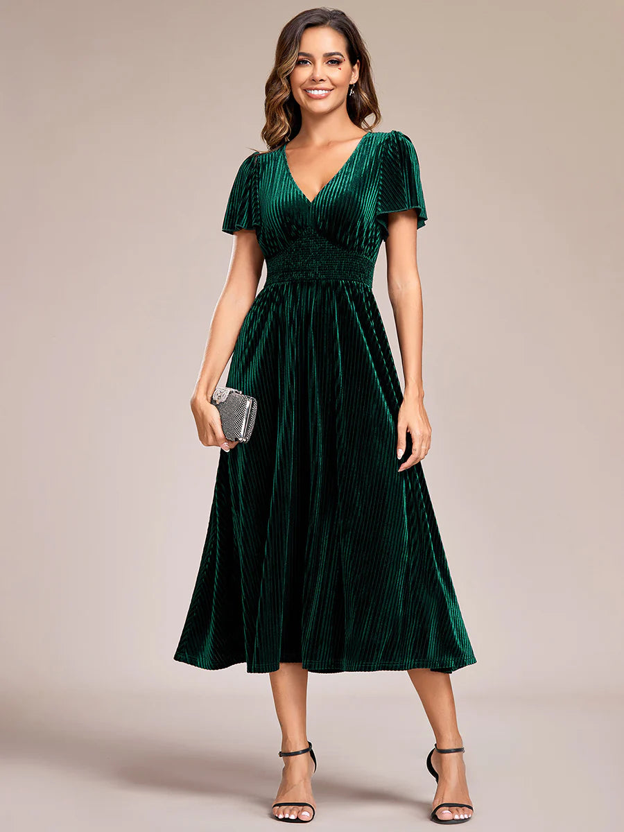 V-Neck Tea Length Velvet Wedding Guest Bridesmaid Dress - CALABRO®