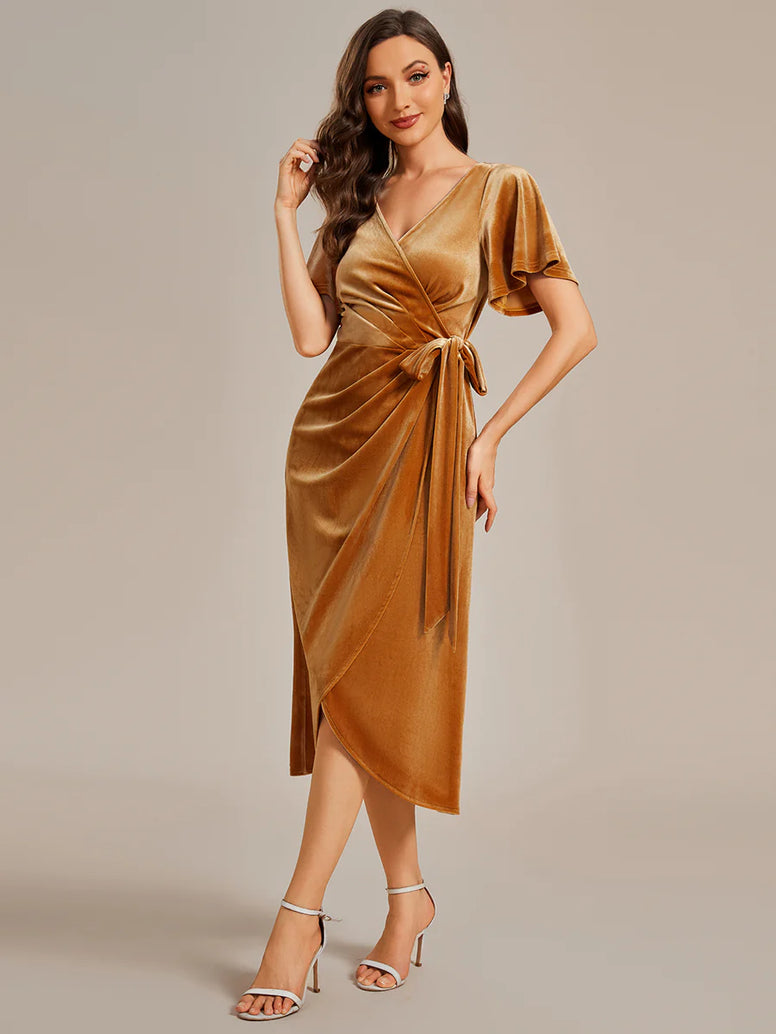 One-piece Type Velvet Tea Length Evening Dress